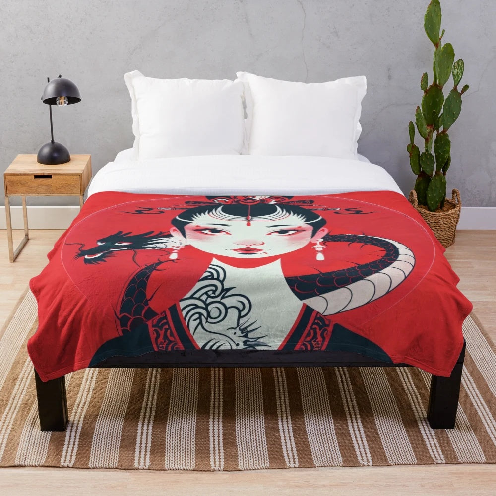 A vibrant and stylized plush blanket featuring a modern dragon portrait