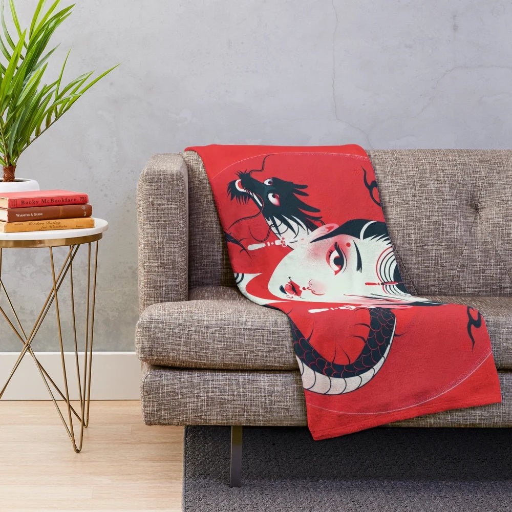 A vibrant and stylized plush blanket featuring a modern dragon portrait