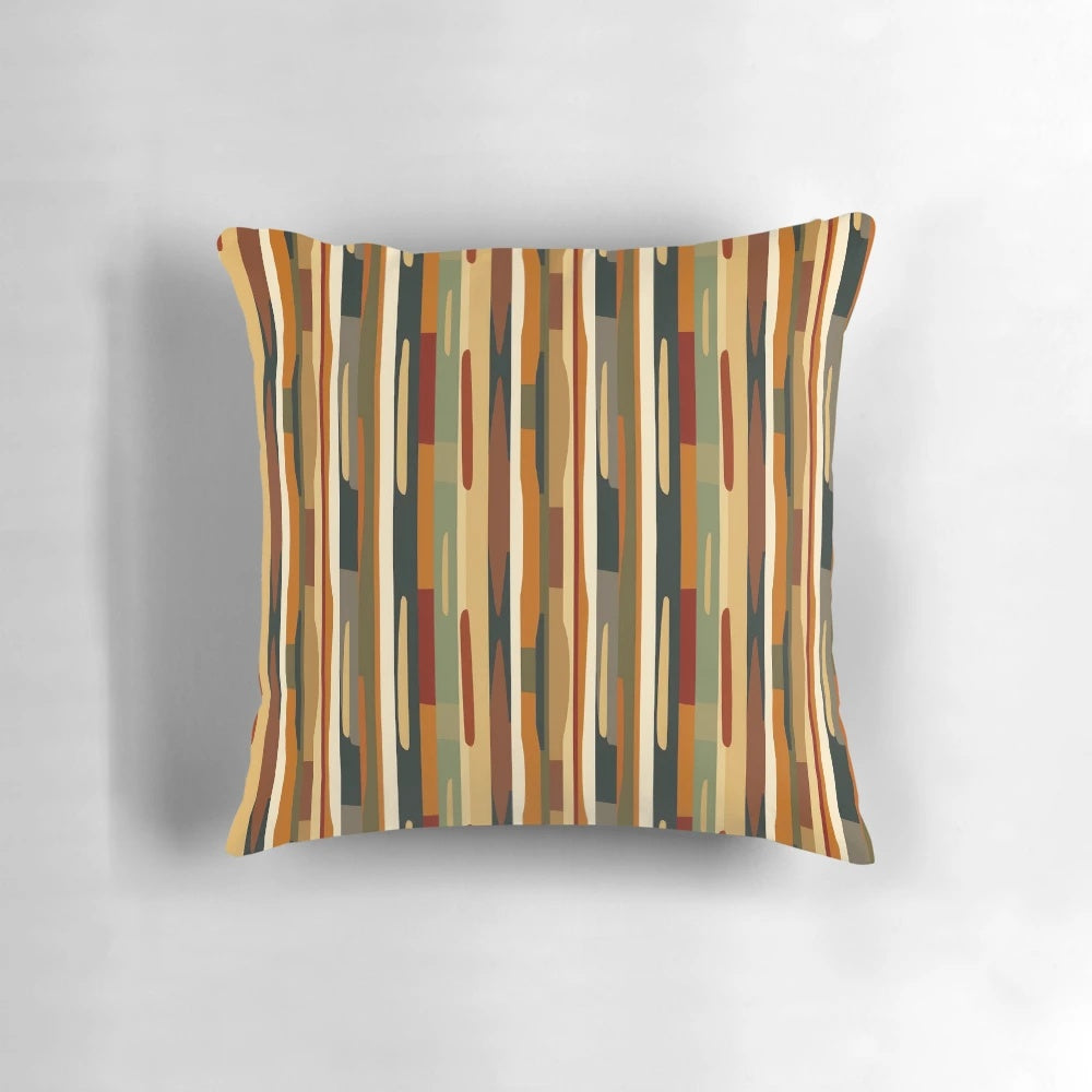 An abstract pattern pillow in earthy tones and stripes, a modern and vibrant home decor accent