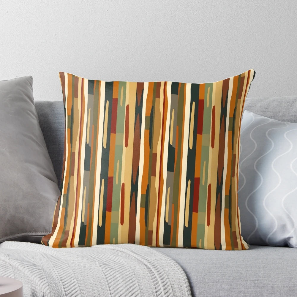 An abstract pattern pillow in earthy tones and stripes, a modern and vibrant home decor accent