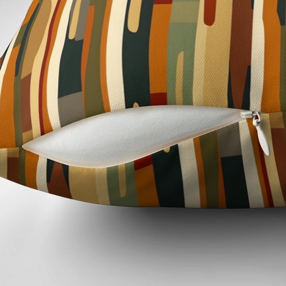 An abstract pattern pillow in earthy tones and stripes, a modern and vibrant home decor accent