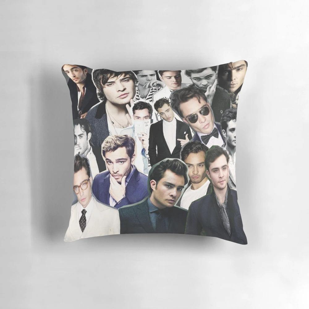 Decorative pillow featuring a collage of images of actor Ed Westwick as Chuck Bass from the TV show Gossip Girl
