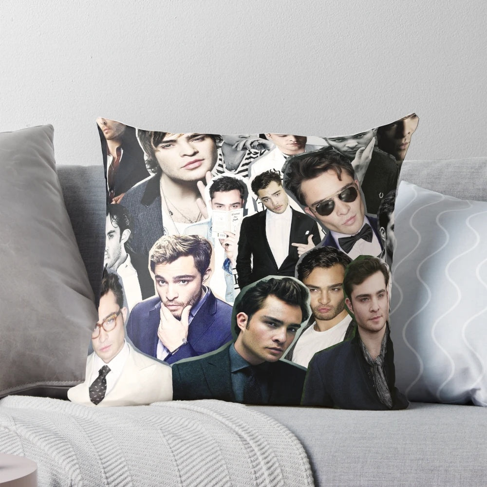 Decorative pillow featuring a collage of images of actor Ed Westwick as Chuck Bass from the TV show Gossip Girl