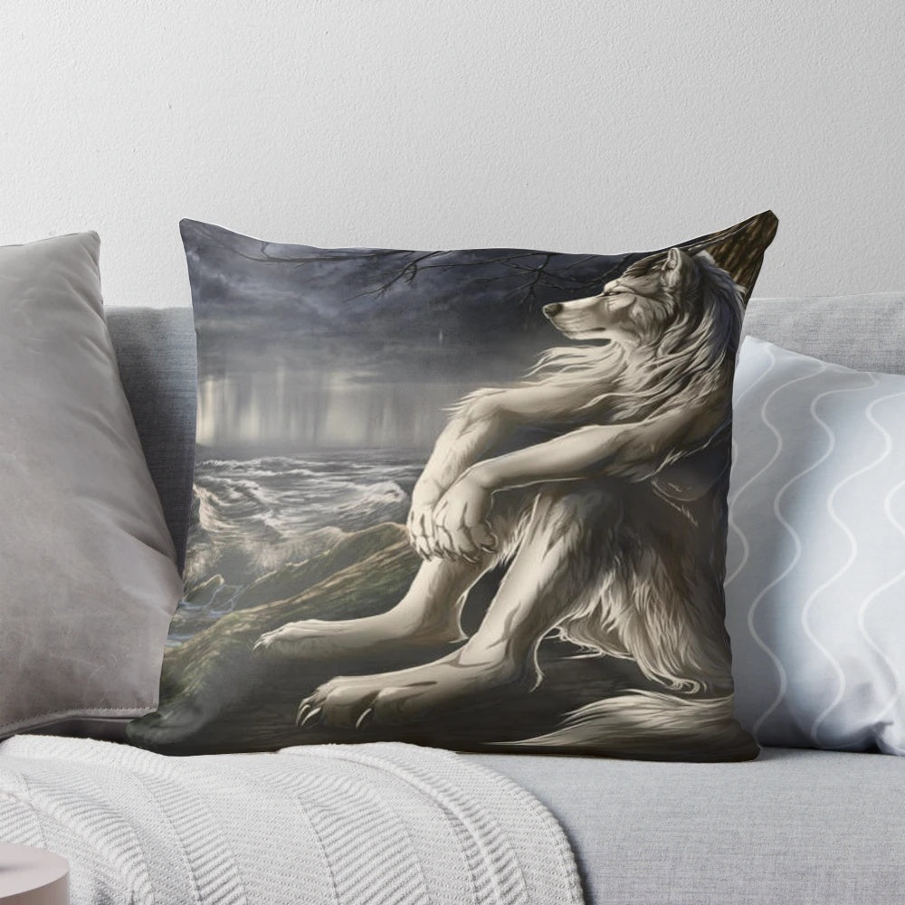 Plush pillow featuring a white wolf in a melancholy, sitting pose against a dark background - an emo-inspired meme design