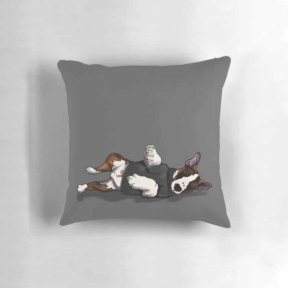 Decorative pillow featuring an illustration of an English Bull Terrier dog breed.