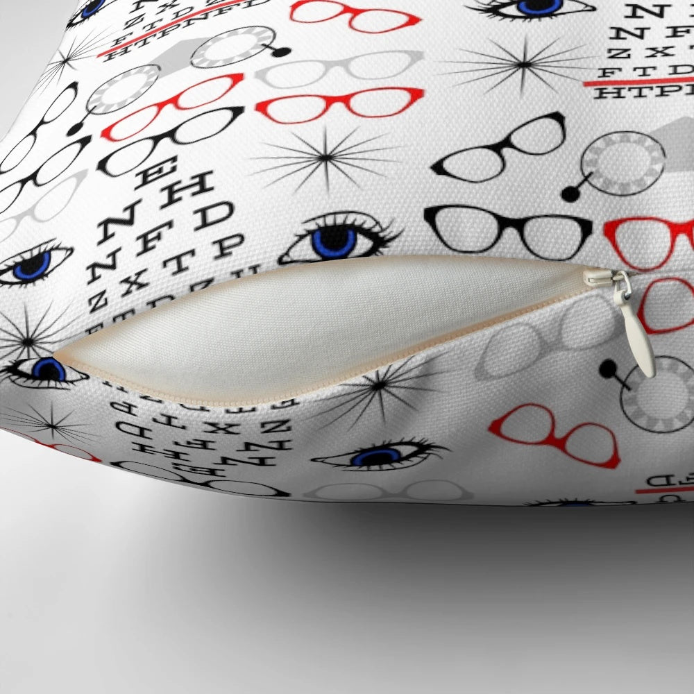 Decorative pillow featuring an eye chart pattern in red and black, designed for eye doctors, ophthalmologists, and opticians.