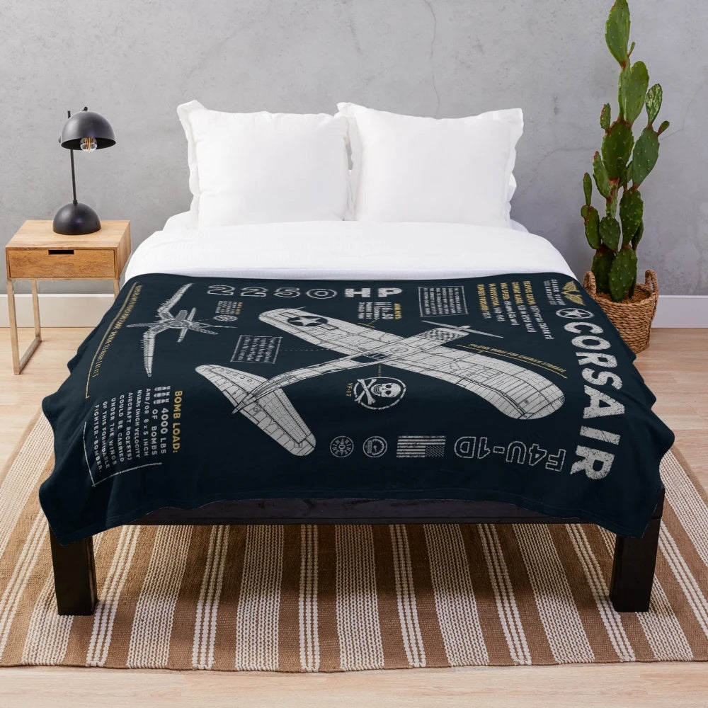 F4U Corsair inspired plush blanket featuring the iconic fighter plane design