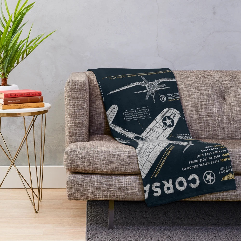 F4U Corsair inspired plush blanket featuring the iconic fighter plane design