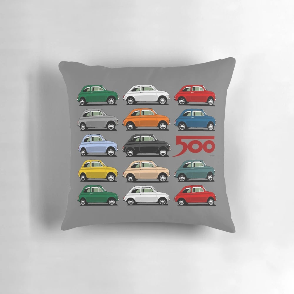 Decorative pillow featuring a side view of a classic Fiat 500 car