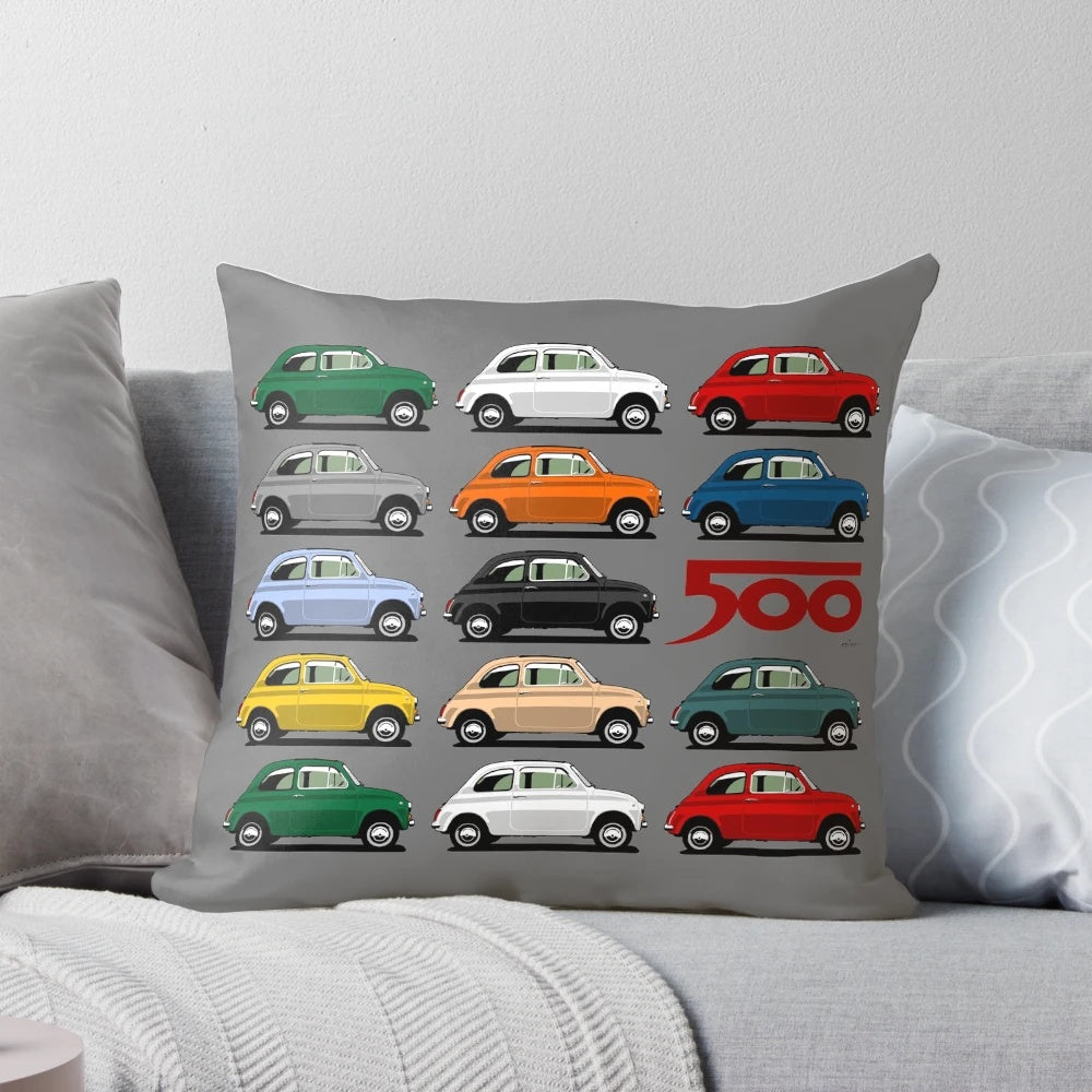 Decorative pillow featuring a side view of a classic Fiat 500 car