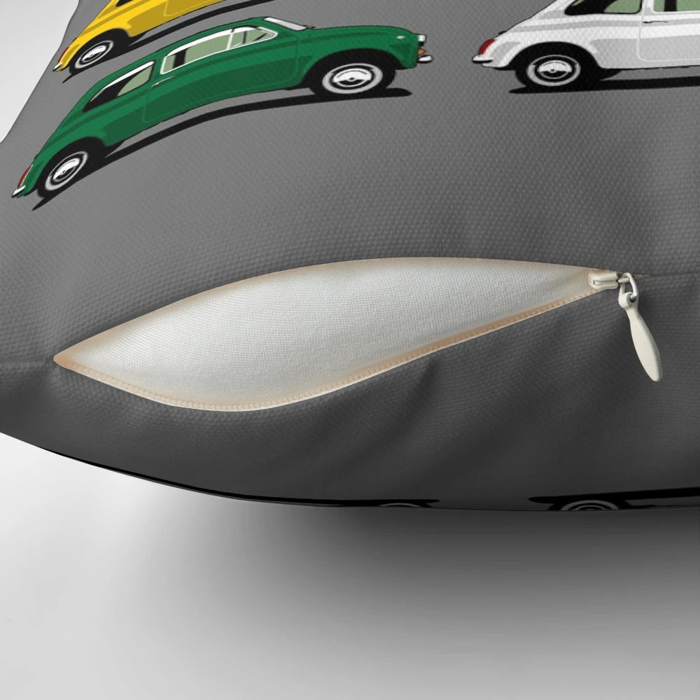 Decorative pillow featuring a side view of a classic Fiat 500 car