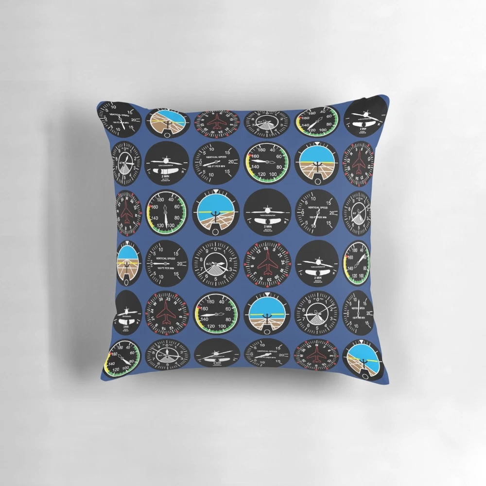 Decorative flight instruments pillow featuring a classic aviation pattern design