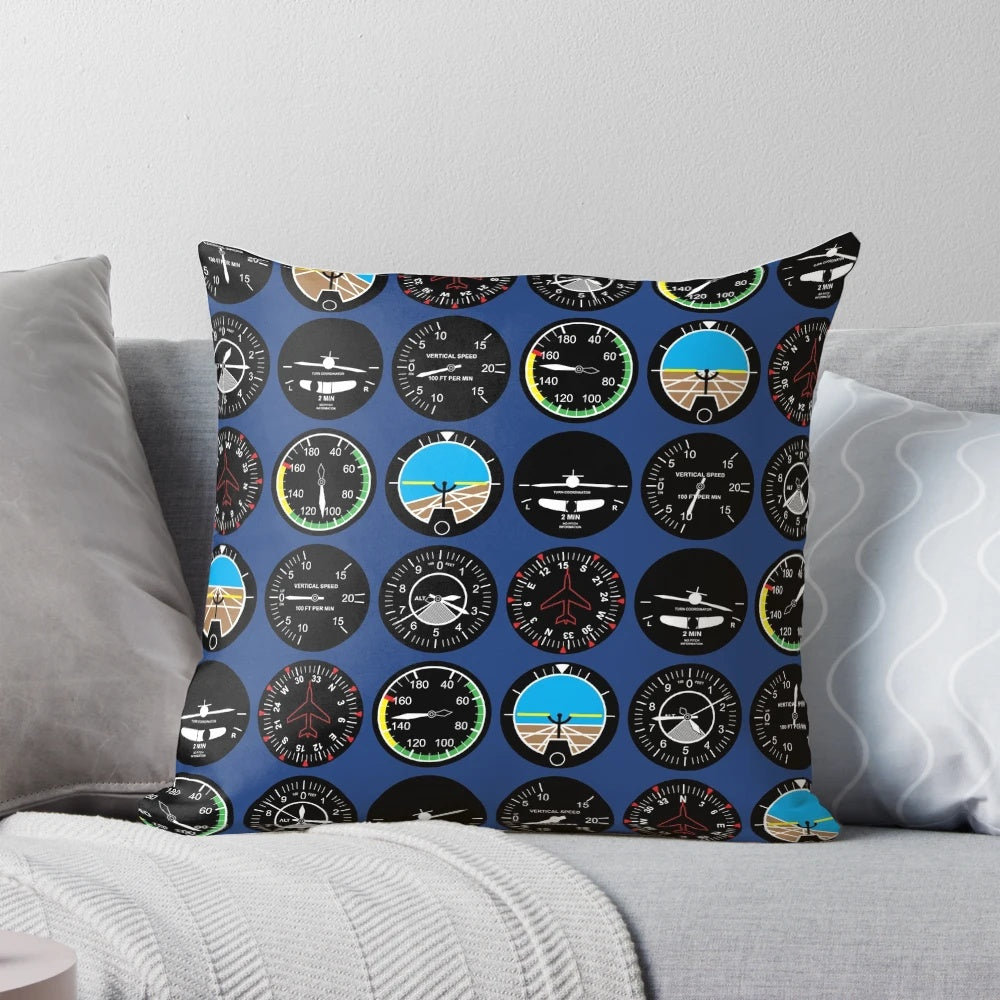 Decorative flight instruments pillow featuring a classic aviation pattern design