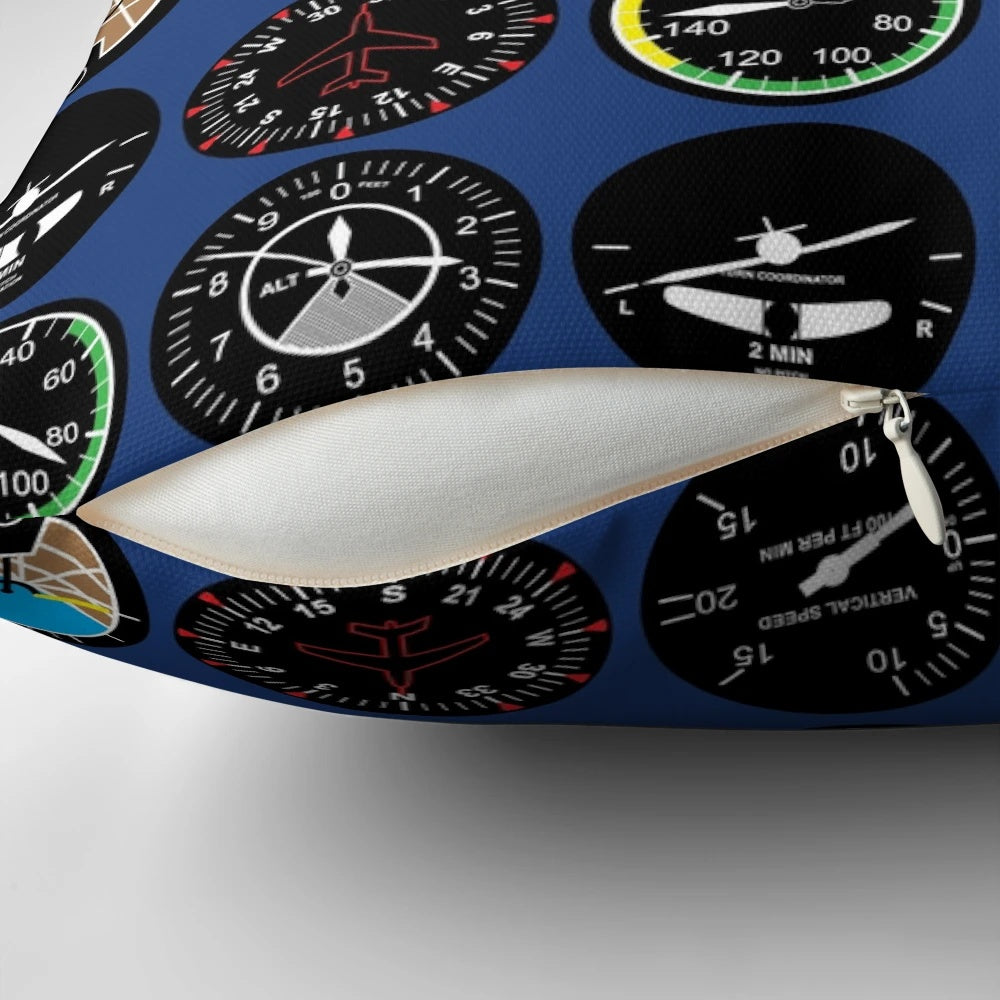 Decorative flight instruments pillow featuring a classic aviation pattern design