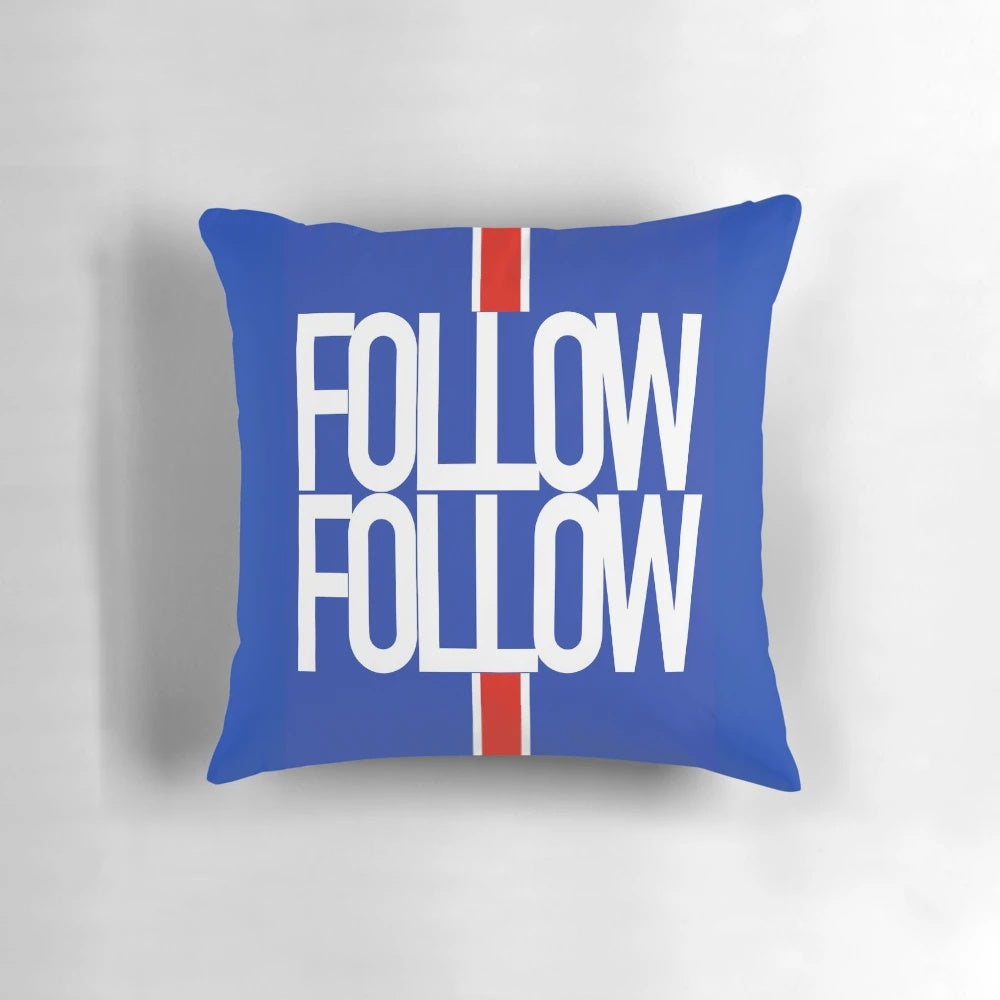Rangers FC follow design pattern printed on a white throw pillow