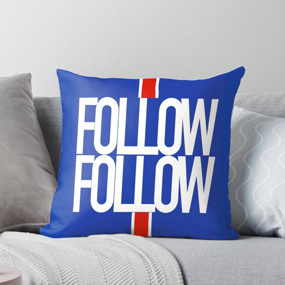 Rangers FC follow design pattern printed on a white throw pillow