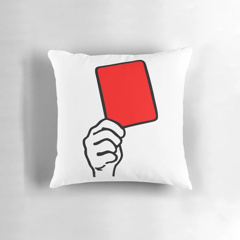 Vibrant red card graphic on a high-quality football/soccer-themed pillow