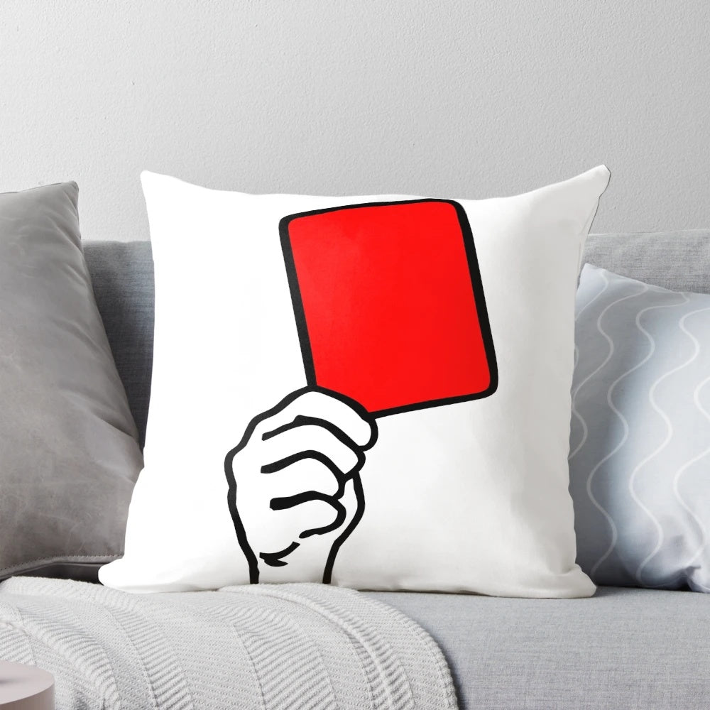 Vibrant red card graphic on a high-quality football/soccer-themed pillow