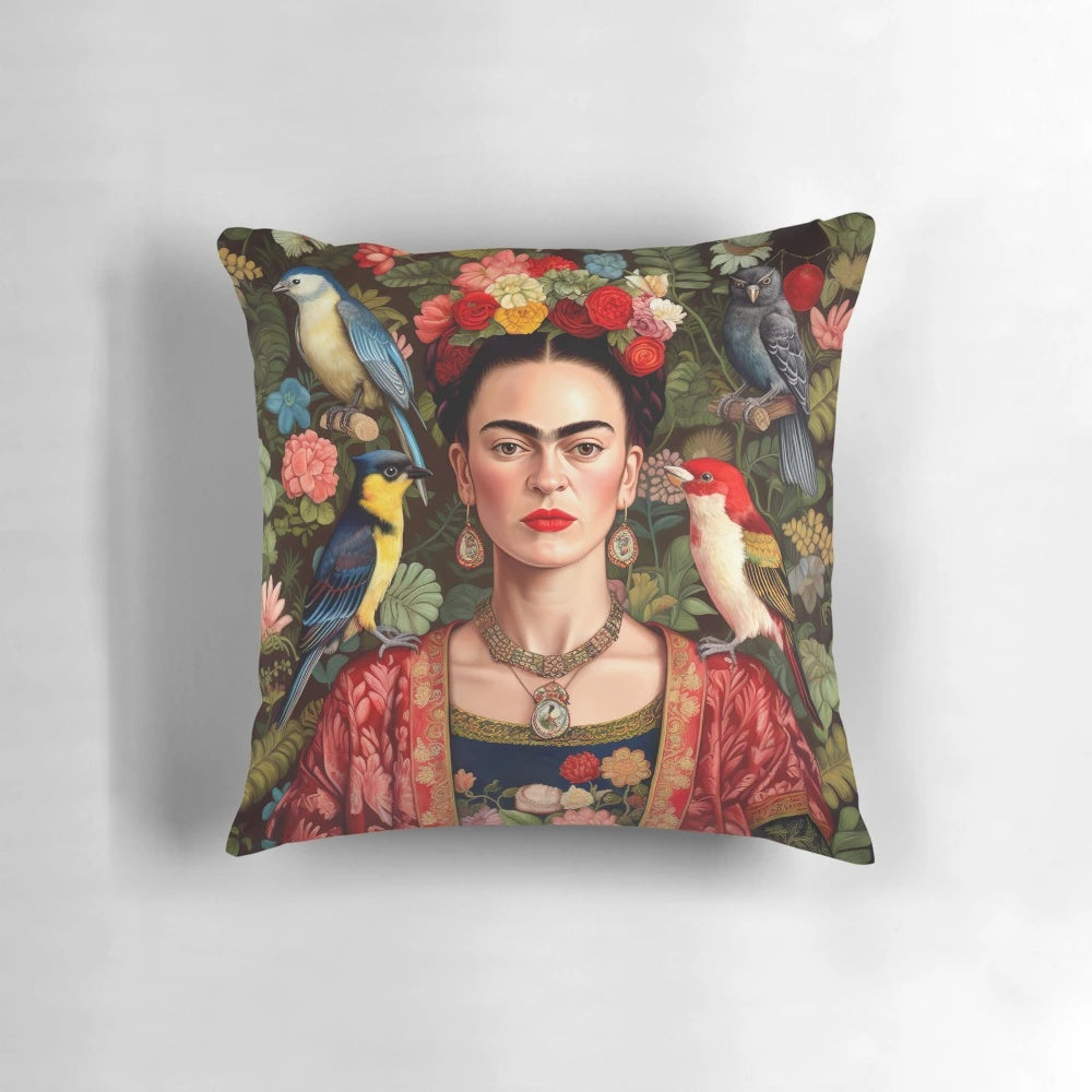 Decorative throw pillow featuring a vibrant portrait of Mexican artist Frida Kahlo