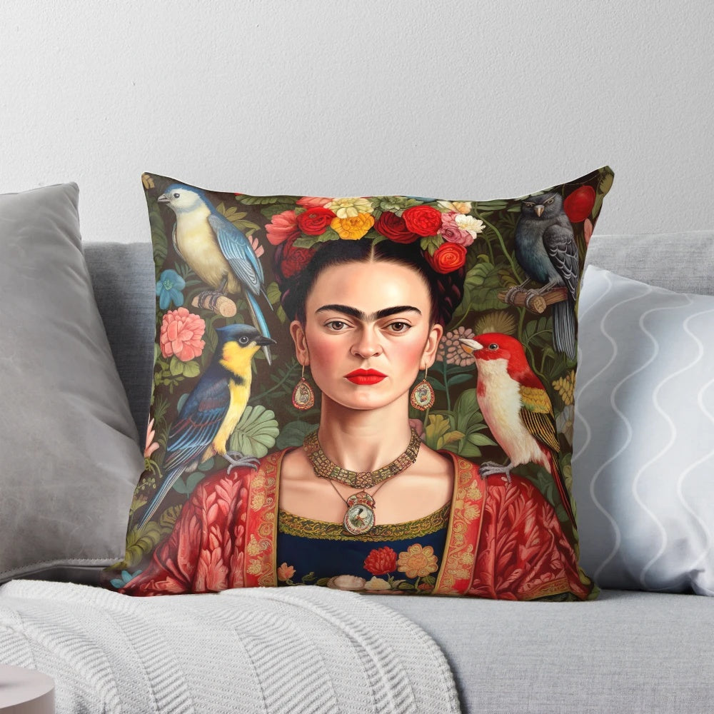 Decorative throw pillow featuring a vibrant portrait of Mexican artist Frida Kahlo