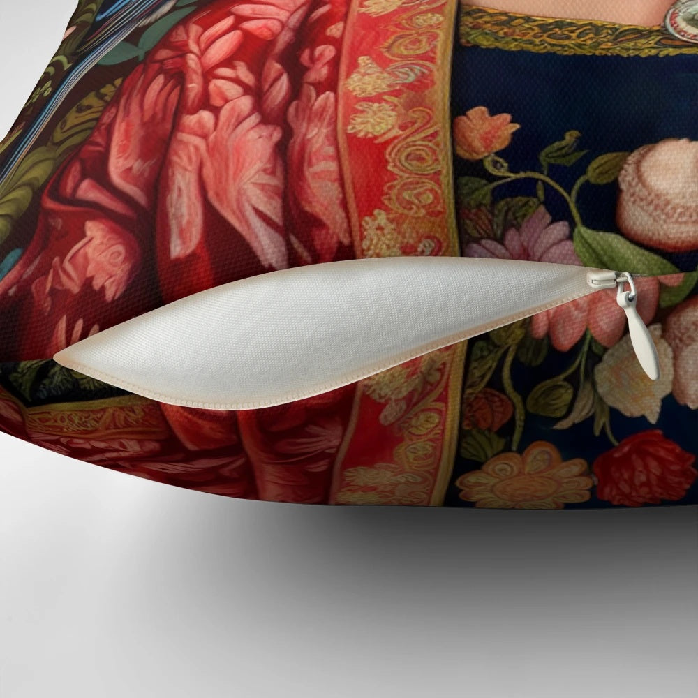 Decorative throw pillow featuring a vibrant portrait of Mexican artist Frida Kahlo