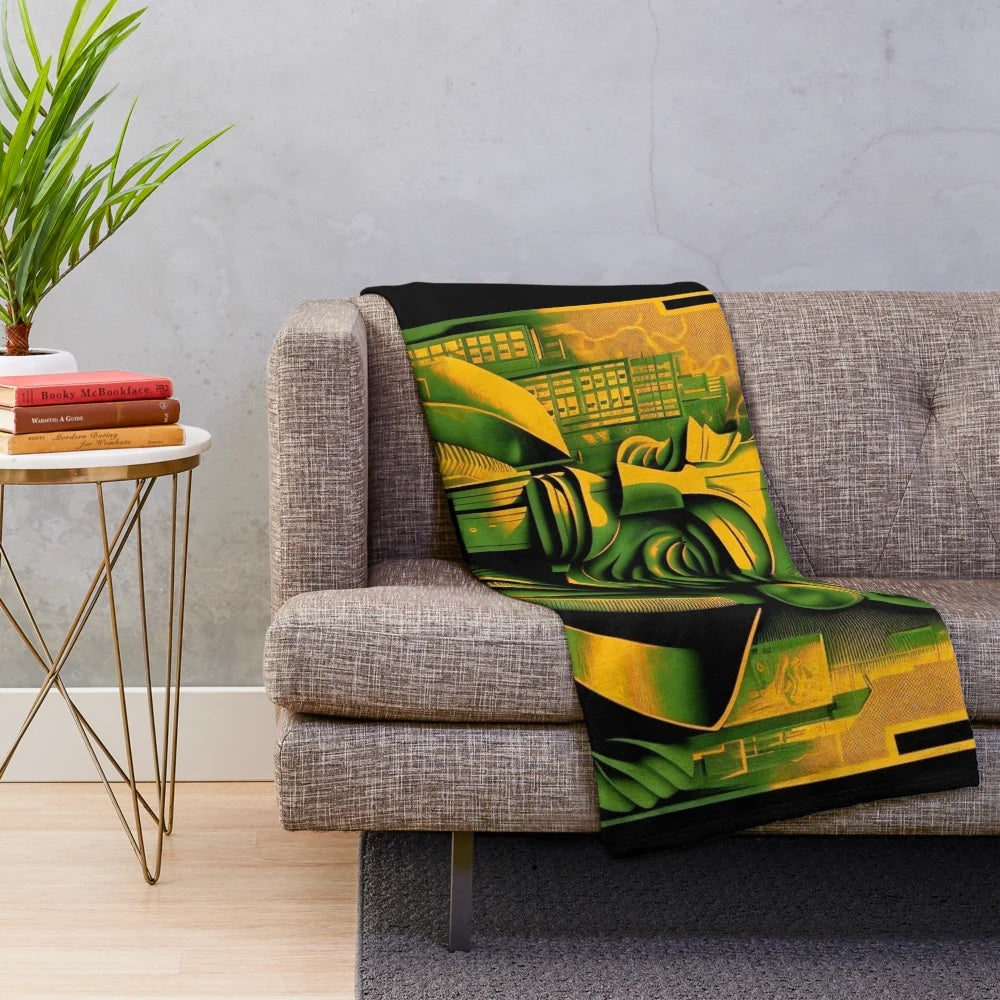 Colorful graphic plush blanket with futuristic city skyline design
