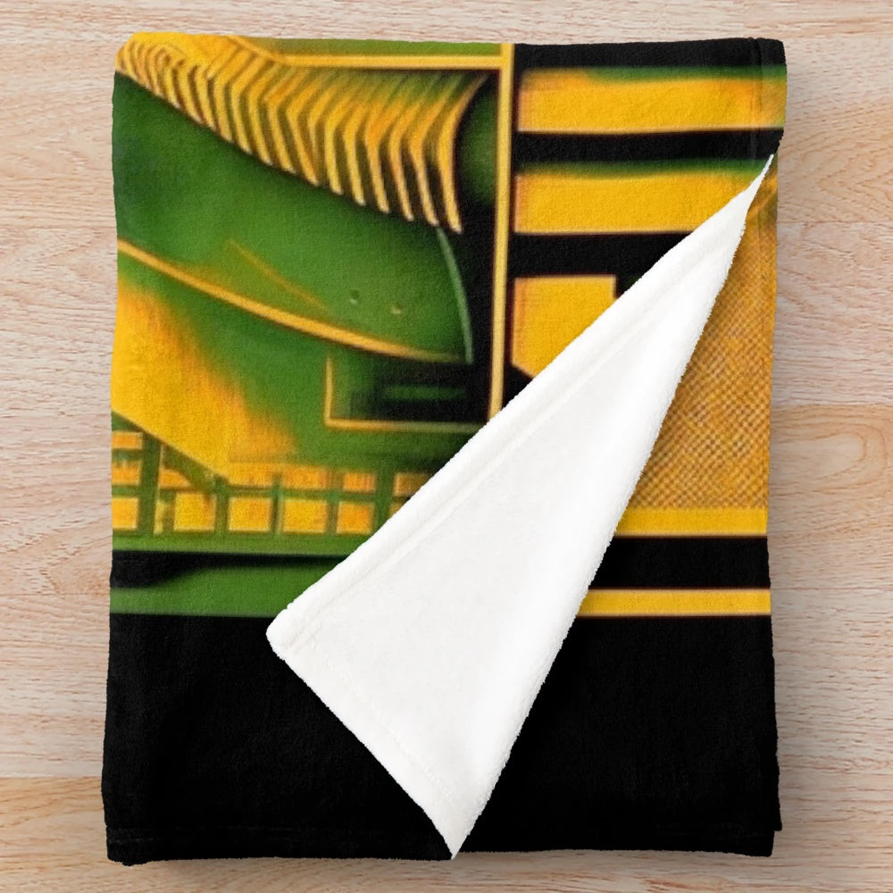 Colorful graphic plush blanket with futuristic city skyline design