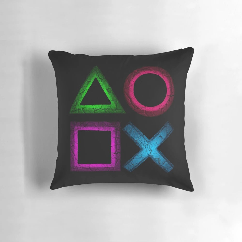 Colorful gaming-themed pillow with buttons design