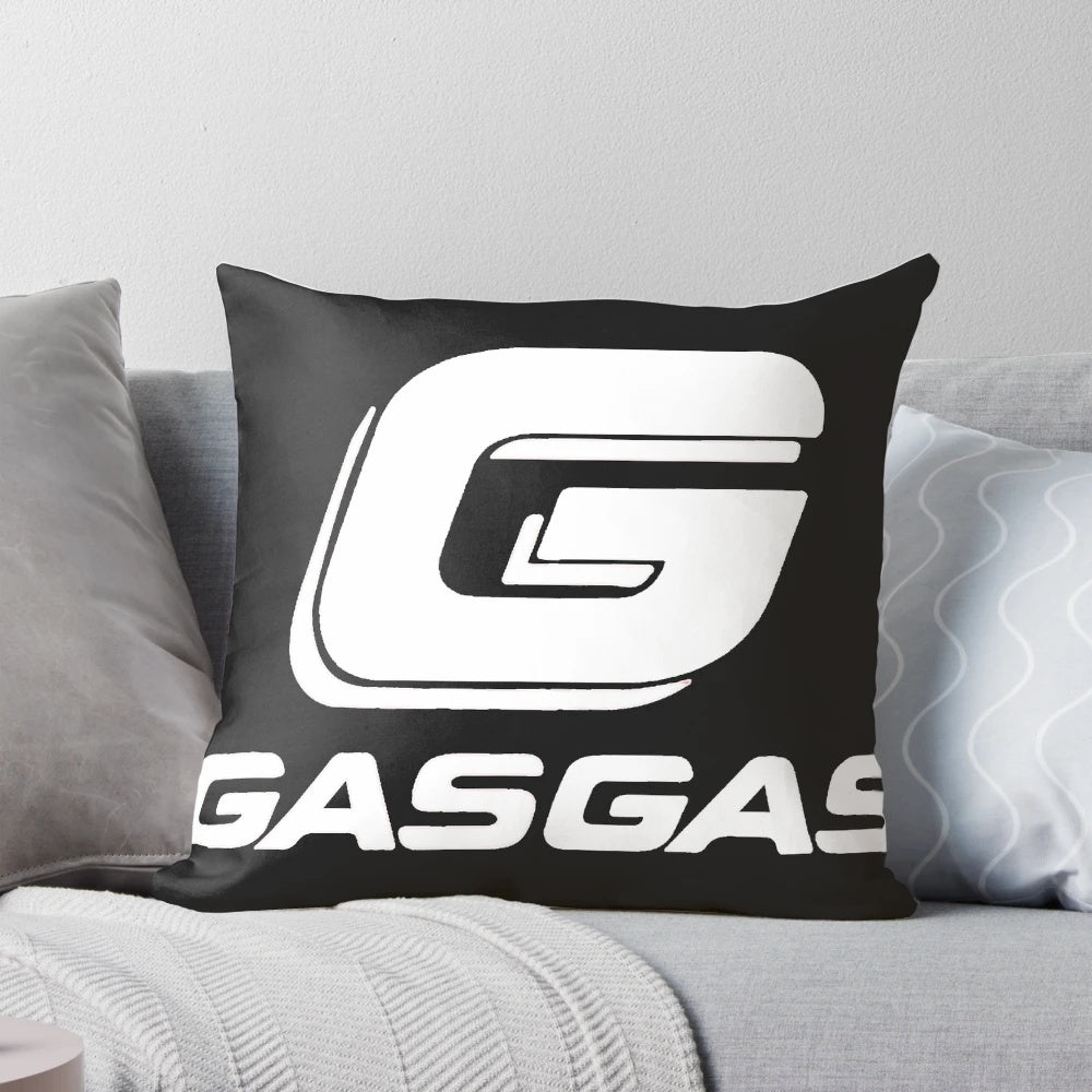 Gas Gas motorcycle-themed decorative pillow with plush fabric and vibrant design