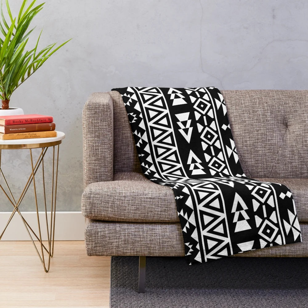 Black and white geometric aztec pattern plush blanket