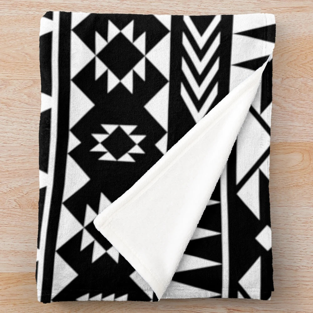 Black and white geometric aztec pattern plush blanket