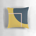 Stylish geometric minimalist throw pillow in navy blue, mustard yellow, and blush pink colors