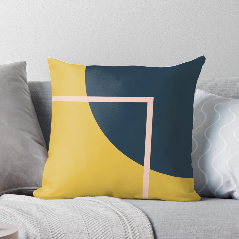 Stylish geometric minimalist throw pillow in navy blue, mustard yellow, and blush pink colors