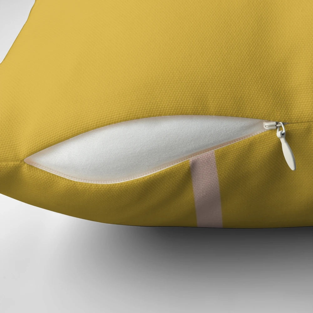 Stylish geometric minimalist throw pillow in navy blue, mustard yellow, and blush pink colors