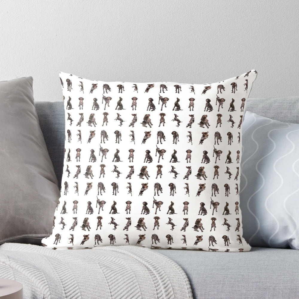 A collage of images featuring a German Shorthaired Pointer dog on a decorative pillow.