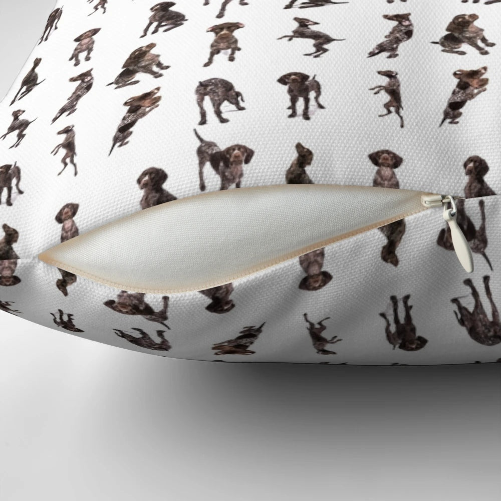A collage of images featuring a German Shorthaired Pointer dog on a decorative pillow.