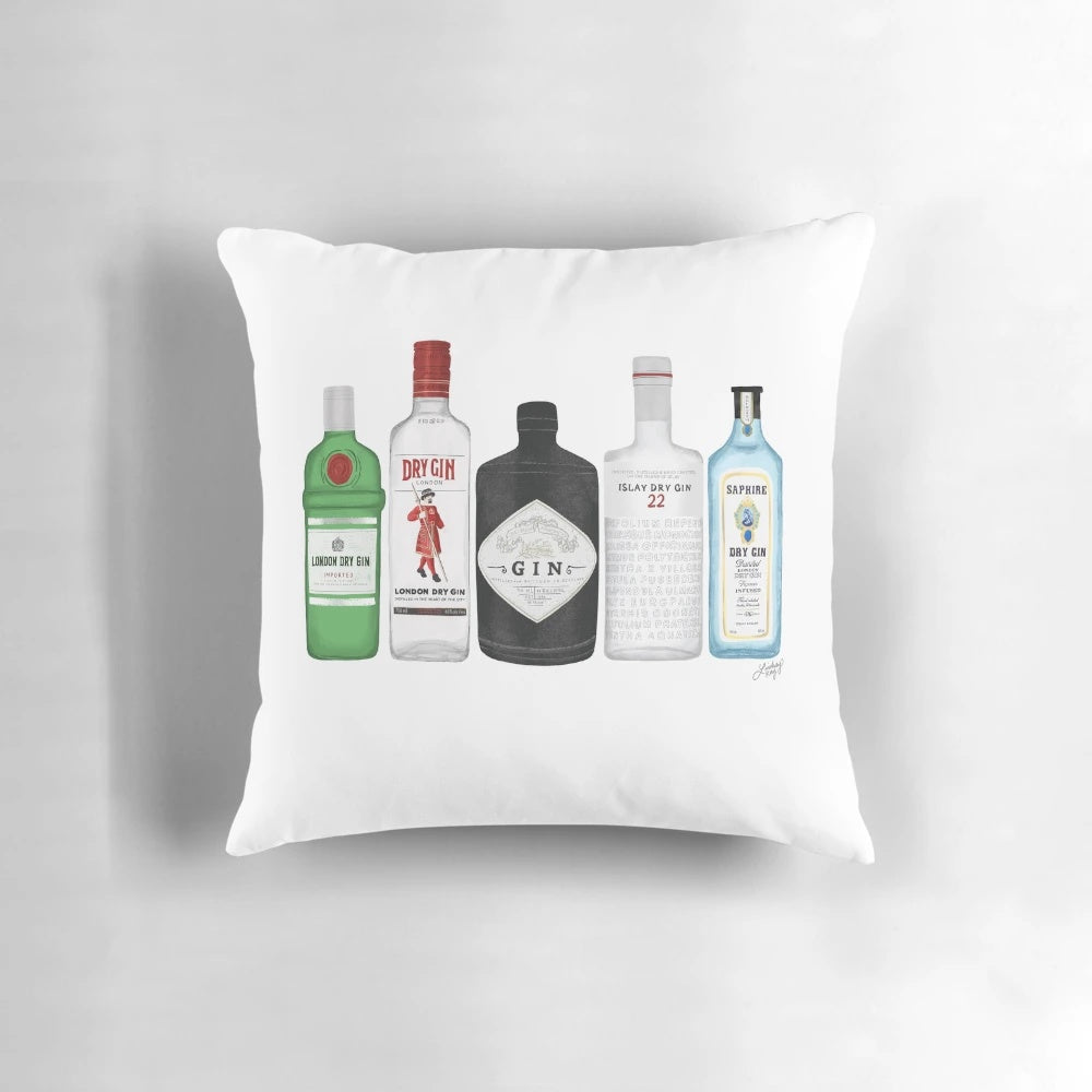 Gin bottles illustrated decorative throw pillow for home, bar, or college decor