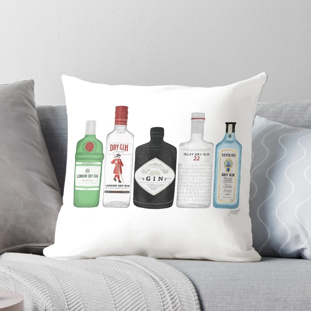 Gin bottles illustrated decorative throw pillow for home, bar, or college decor