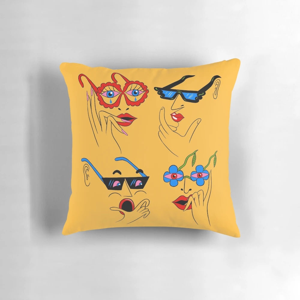 Vibrant yellow pillow with glasses pattern, perfect for adding a modern touch to any room.