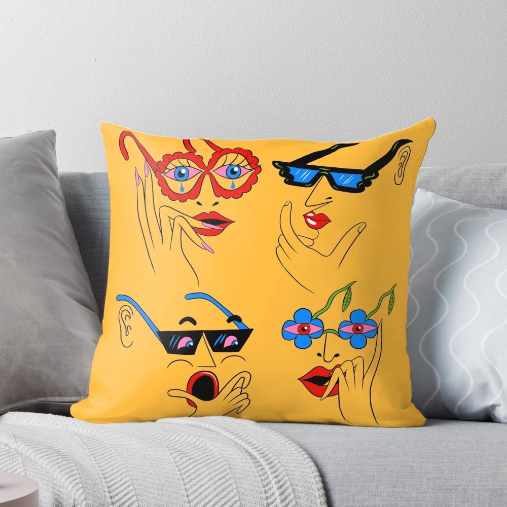 Vibrant yellow pillow with glasses pattern, perfect for adding a modern touch to any room.