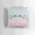 Minimalist art pillow featuring the iconic Grand Budapest Hotel from the Wes Anderson film
