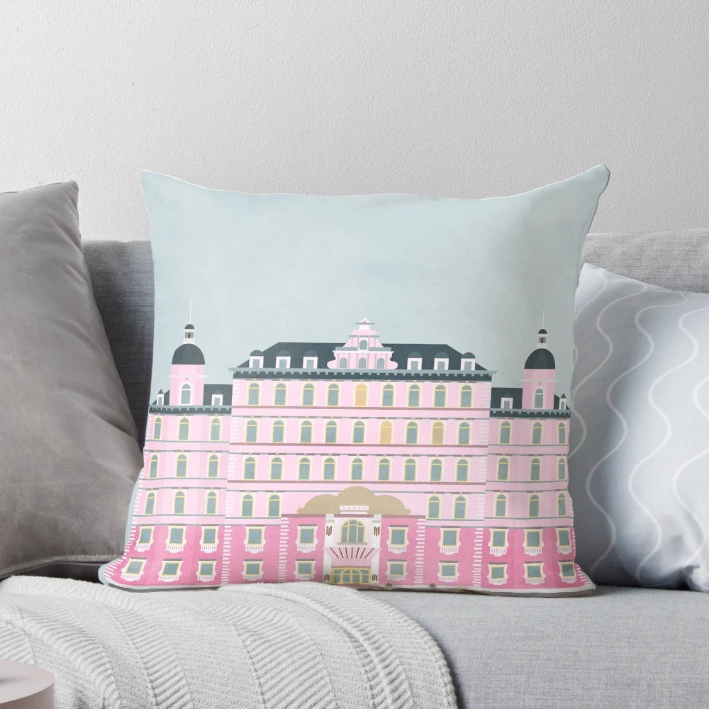 Minimalist art pillow featuring the iconic Grand Budapest Hotel from the Wes Anderson film