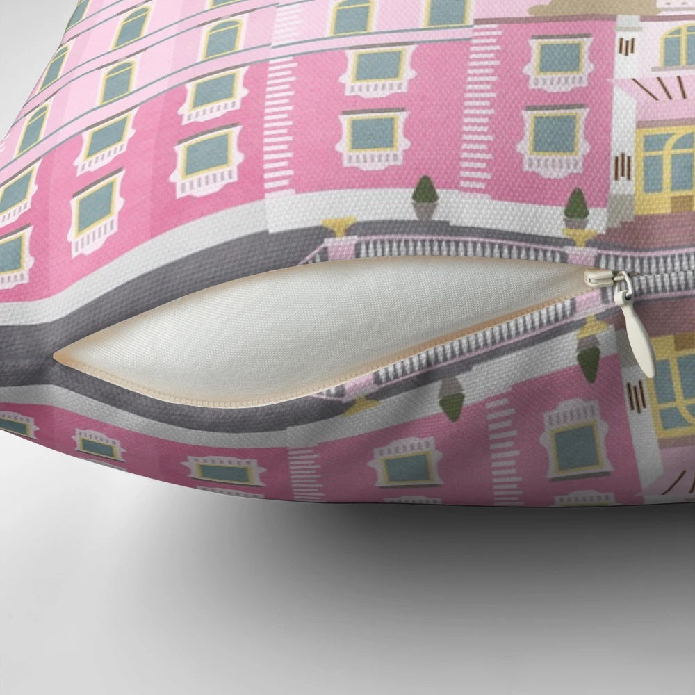 Minimalist art pillow featuring the iconic Grand Budapest Hotel from the Wes Anderson film
