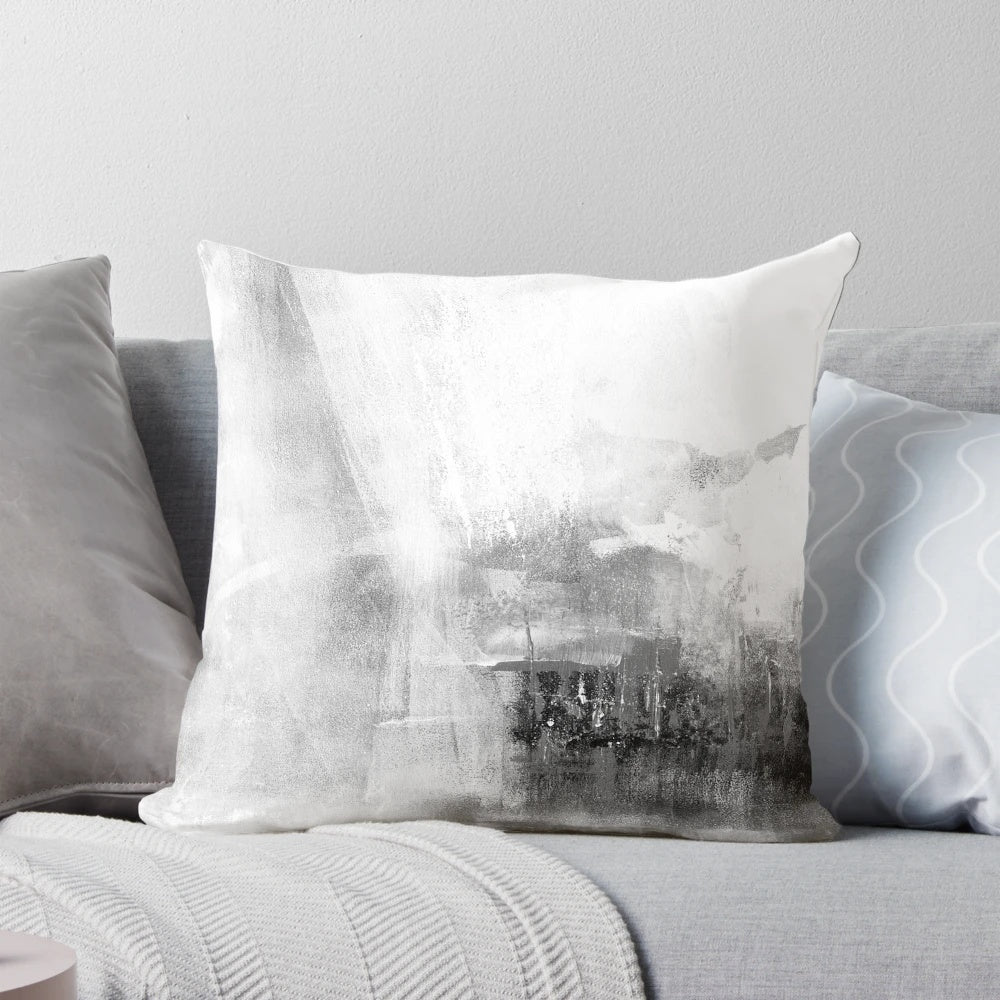 Gray abstract art pillow with minimalist brush stroke design