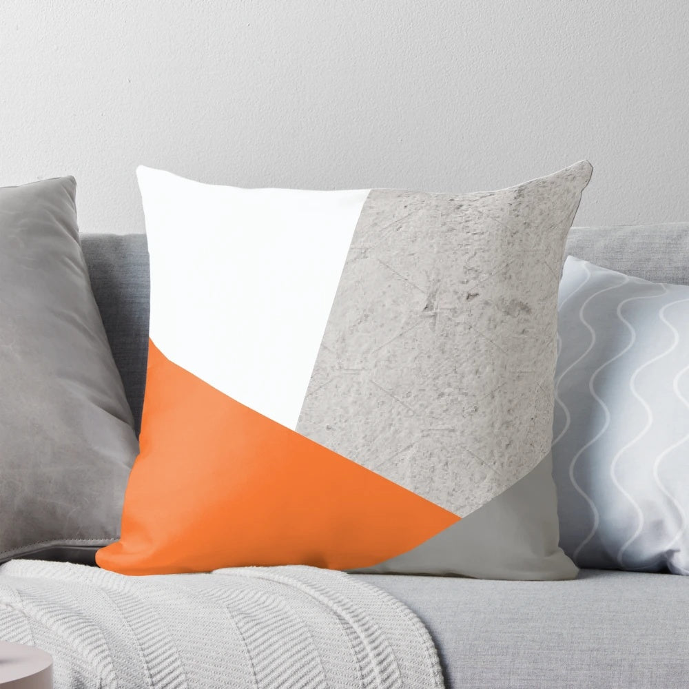 Gray and orange geometric color block decorative throw pillow