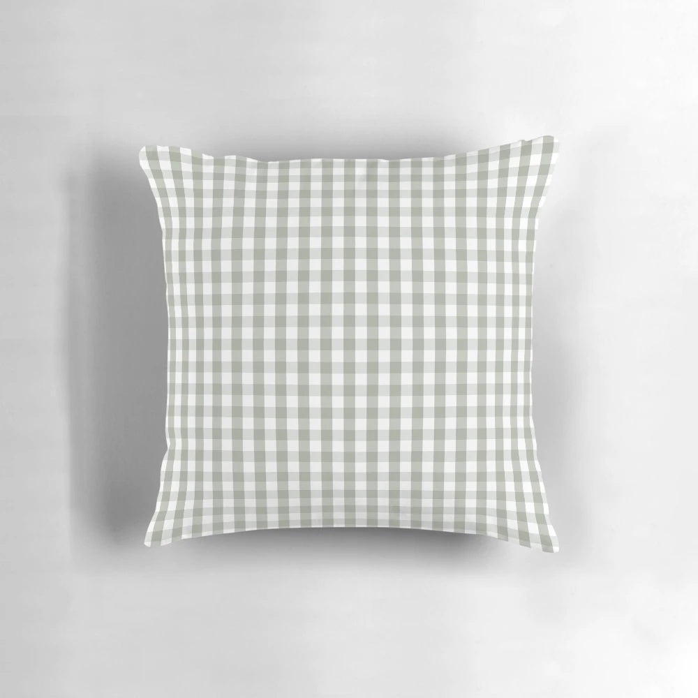 Gray, green, and white gingham patterned decorative pillow