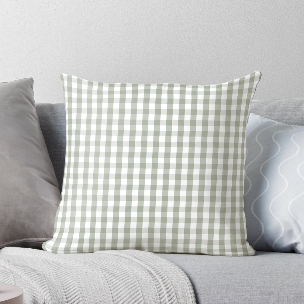 Gray, green, and white gingham patterned decorative pillow