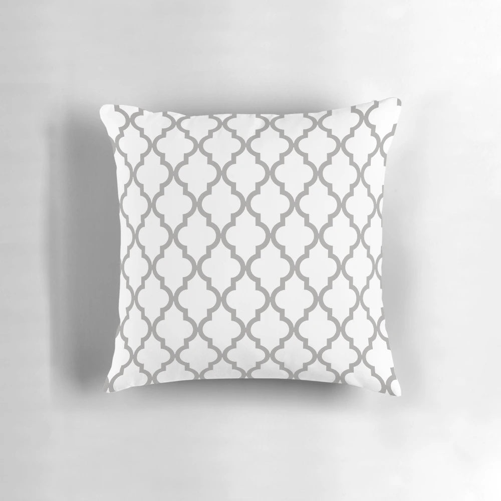 Gray Moroccan quatrefoil pattern decorative pillow