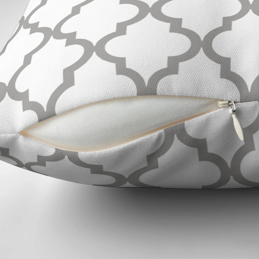 Gray Moroccan quatrefoil pattern decorative pillow