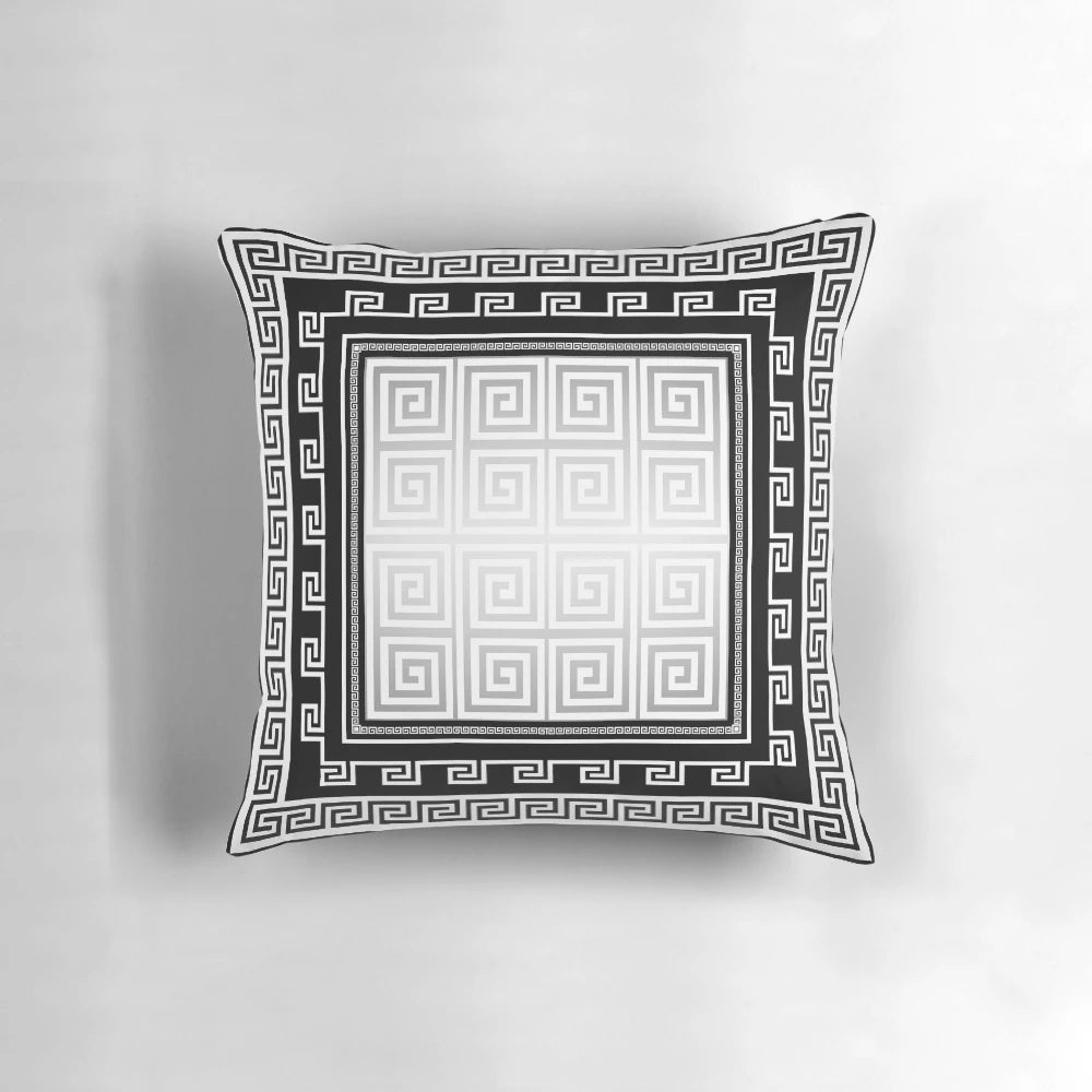 Greek key pattern decorative pillow in black, white, and gray